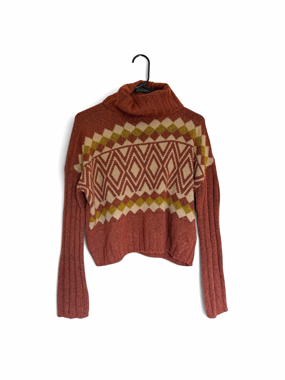 SO Rust Patterned Cowl Neck Sweater with Cream & Olive Accents